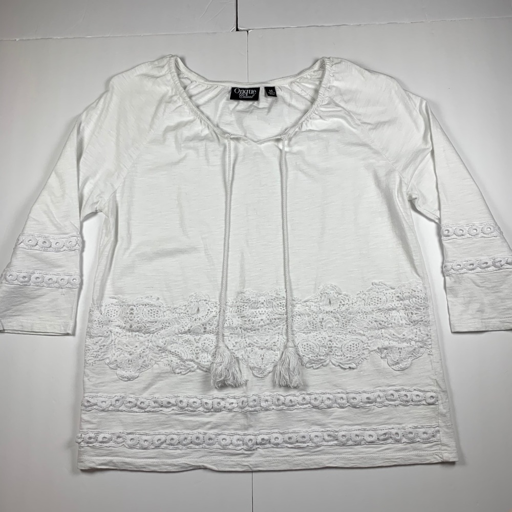 Onque Casual Medium White Lacey 3/4 Sleeve Top
